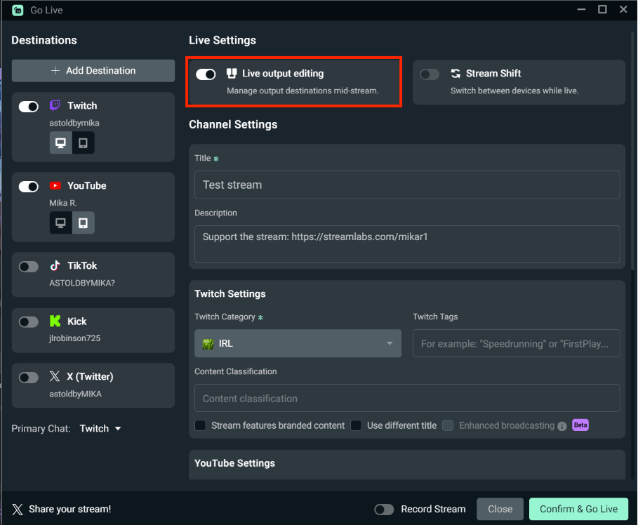 live output editor toggle in streamlabs desktop